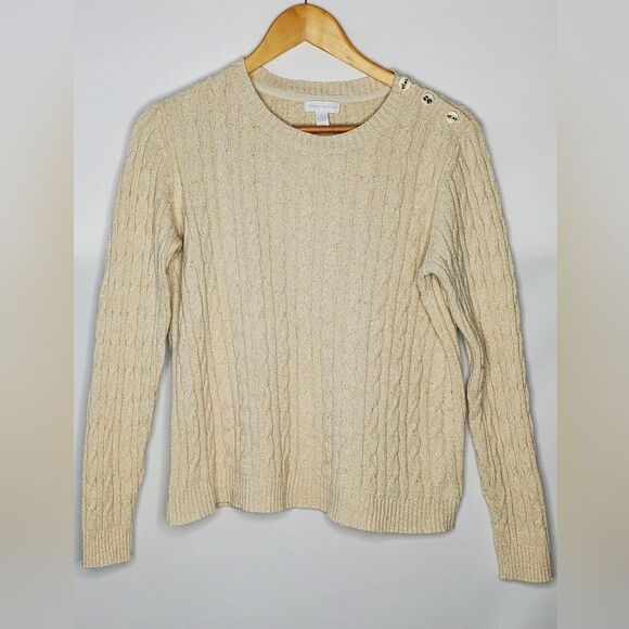 Women's Charter Club Cable Knit Crew Neck Sweater - Cream and Gold - Size Medium - Picture 1 of 5